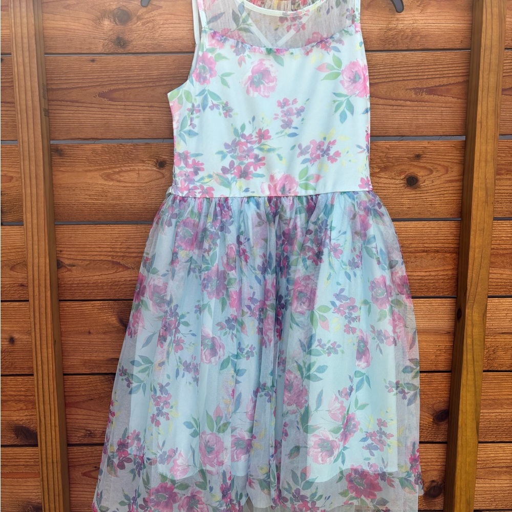 Zunie Floral Mesh Kids Dress - Pink and Blue